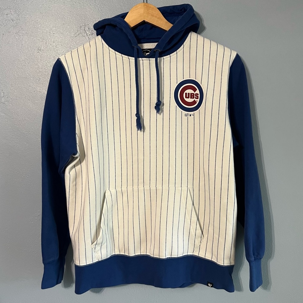 Chicago Cubs Men’s 47 Brand White Blue Pinstripe Pullover Hoodie Size Medium